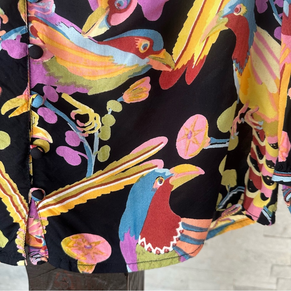 BANJANAN Elise Tropical Floral Bird Multicolor Viscose Blouse Size M - Picture 6 of 9